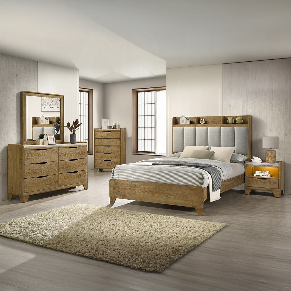 Queen Brown Wood Bed Frame with Upholstered Headboard
