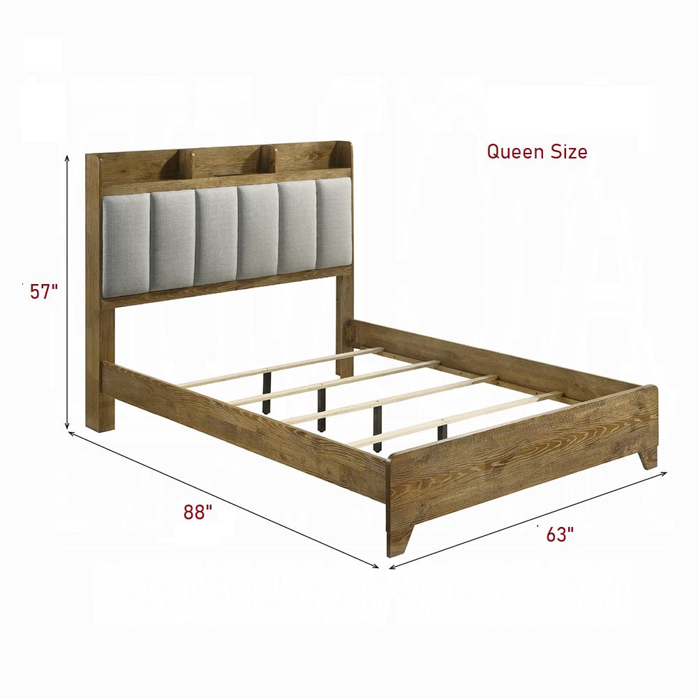 Queen Brown Wood Bed Frame with Upholstered Headboard