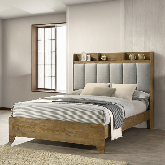 Transitional Brown Finish 1pc Queen Size Bed Upholstered Headboard USB Ports Wooden Bedroom Furniture