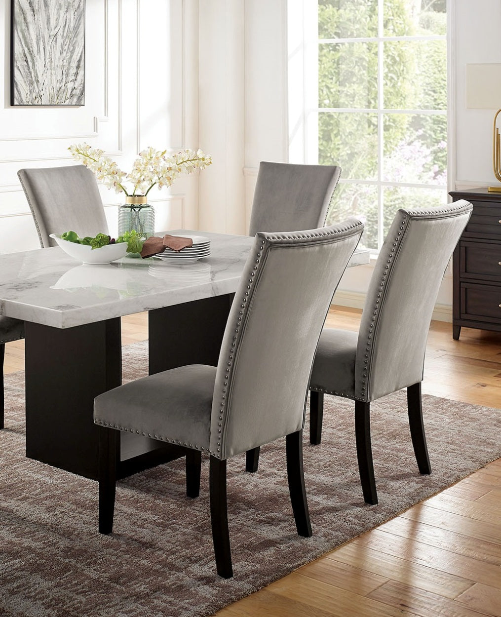Contemporary Marble Dining Set with Solid Wood Base for Dining Room