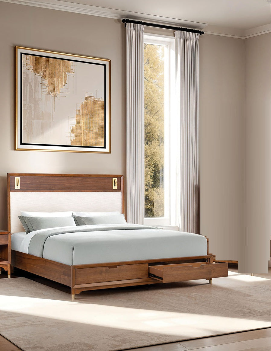 Mid-Century Modern 1pc Eastern King Size Bed w Storage Drawers Walnut Solid wood Upholstered HB Reading Light Bedroom Furniture