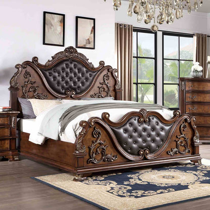 Luxurious Brown Cherry Traditional California King Size Bed Tufted Leatherette HB FB 1pc Bed Bedroom Furniture Wooden