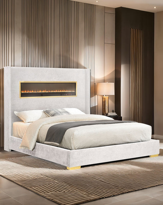 Gorgeous White Color 1pc Queen Size Bed Upholstered Fabric Bedroom Furniture Beautiful Contemporary Style