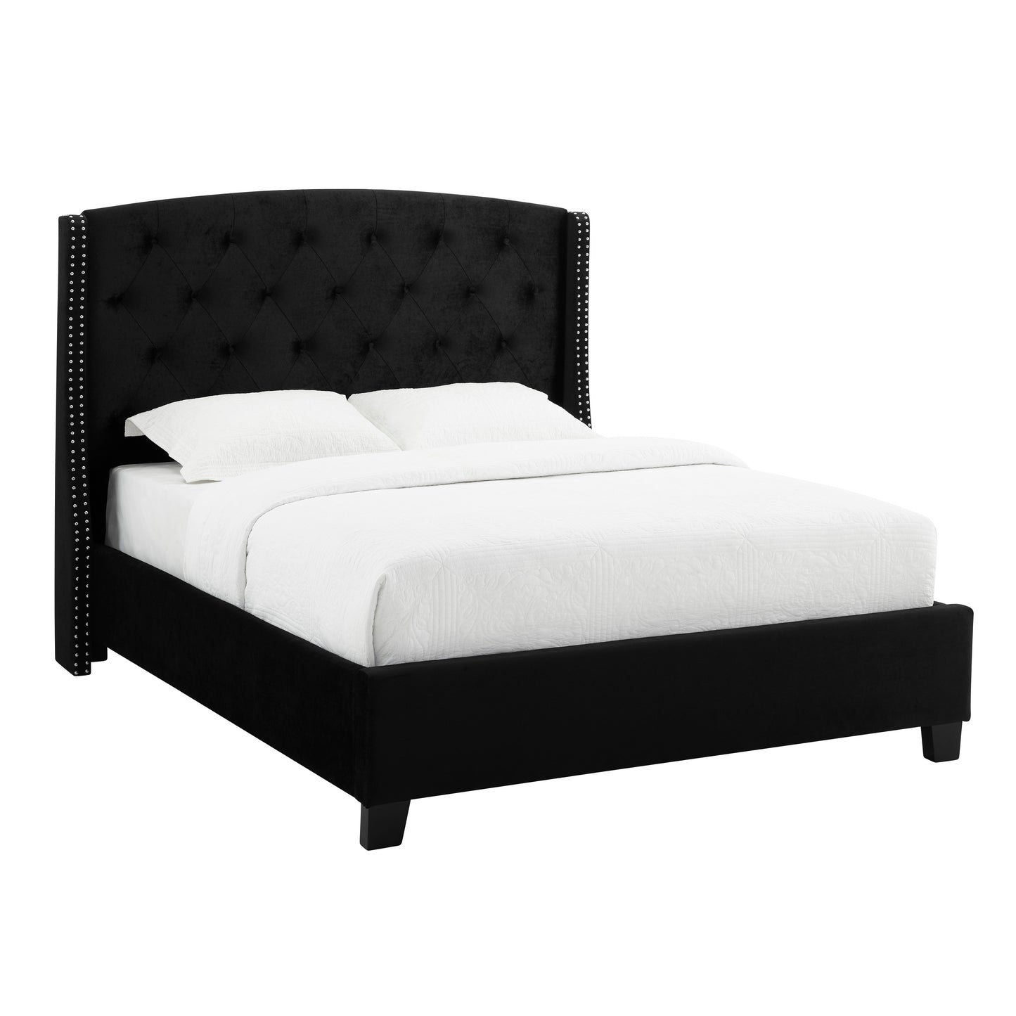 1pc Queen Size Upholstered Panel Bed Wing Back Headboard Button Tufted Nail-head Trim Black Wood Fabric Bedroom Furniture