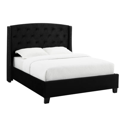 1pc Queen Size Upholstered Panel Bed Wing Back Headboard Button Tufted Nail-head Trim Black Wood Fabric Bedroom Furniture