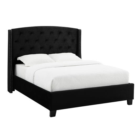 1pc Queen Size Upholstered Panel Bed Wing Back Headboard Button Tufted Nail-head Trim Black Wood Fabric Bedroom Furniture