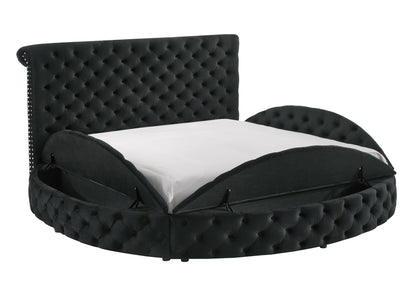 1pc Unique Round Plush Black Velvet Button-Tufted Detailing Storage Bed Queen Size