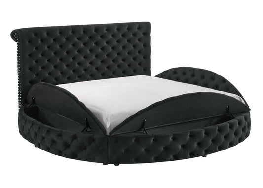 1pc Unique Round Plush Black Velvet Button-Tufted Detailing Storage Bed Queen Size