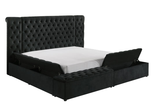 Modern Bedroom Sanctuary Black Velvet Plush Tufted Headboard Concealed Storage 1pc King Bed