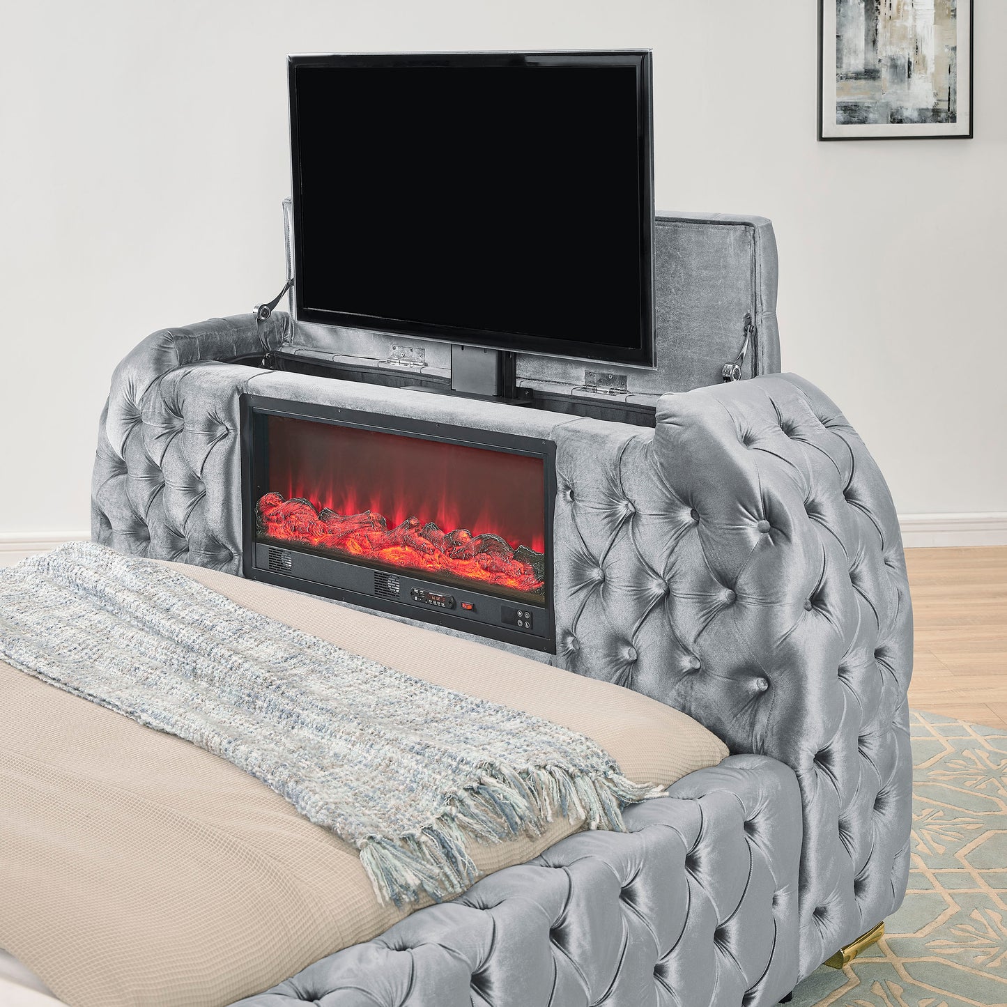 Queen Gray Velvet Bed with Fireplace TV Lift