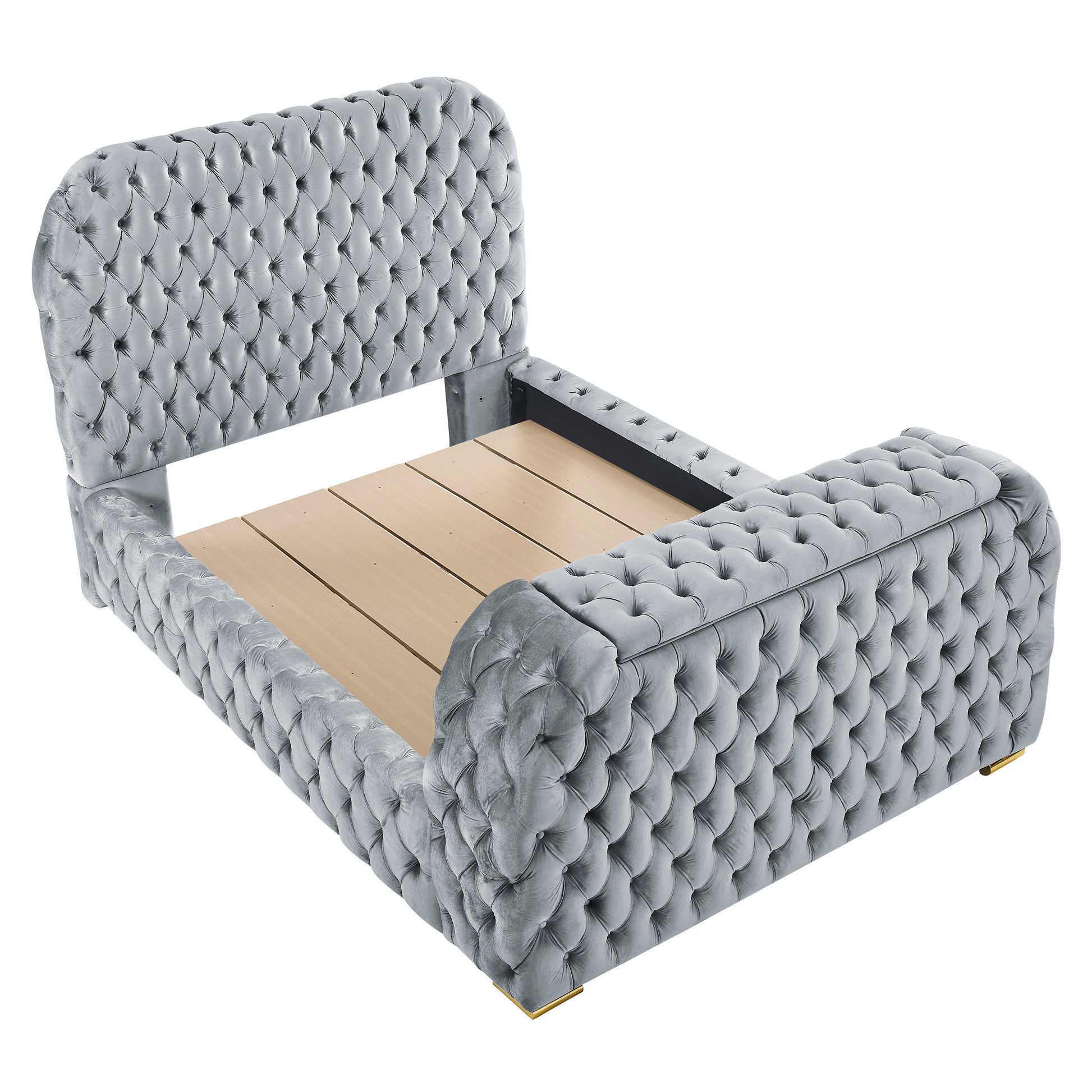 Queen Gray Velvet Bed with Fireplace TV Lift