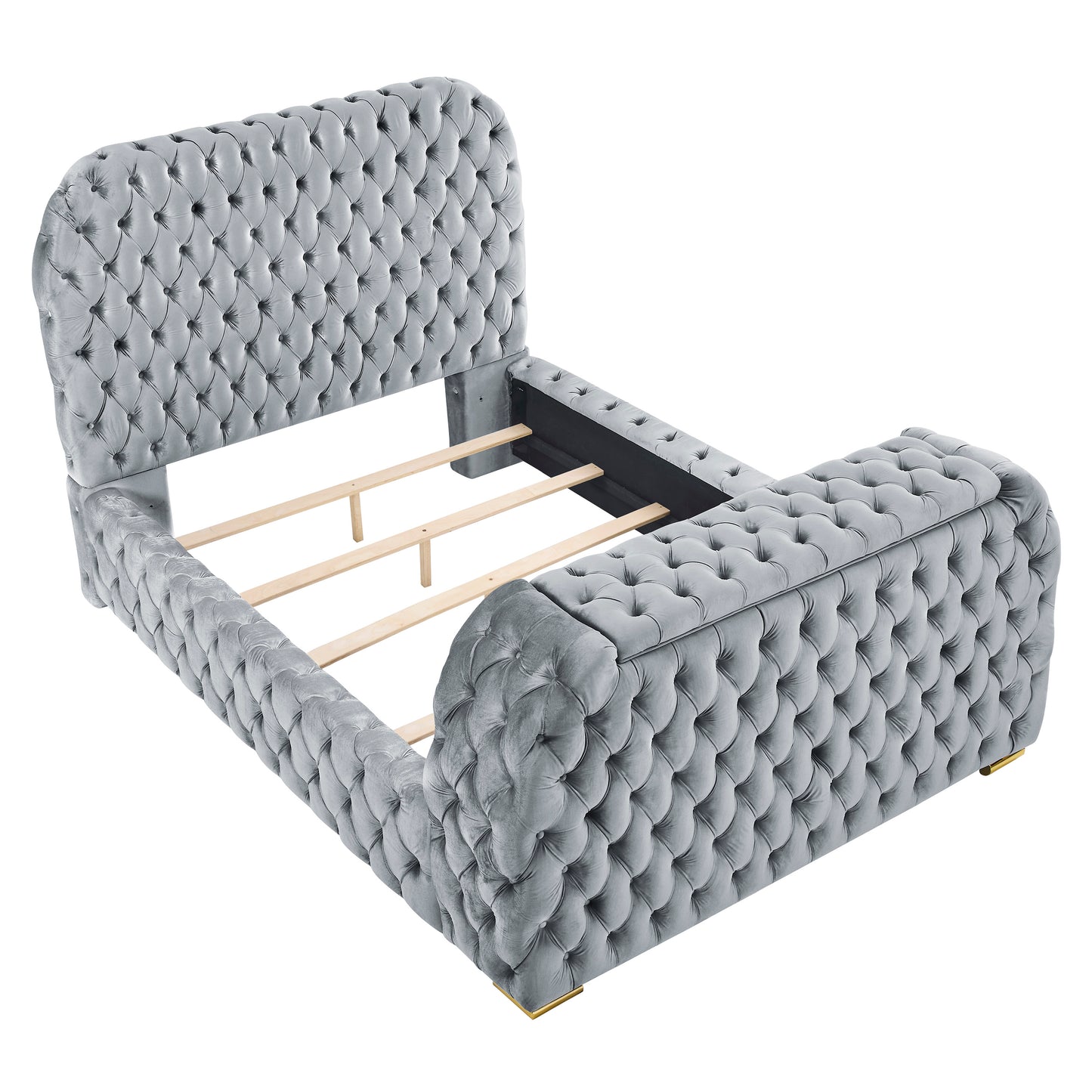 Queen Gray Velvet Bed with Fireplace TV Lift