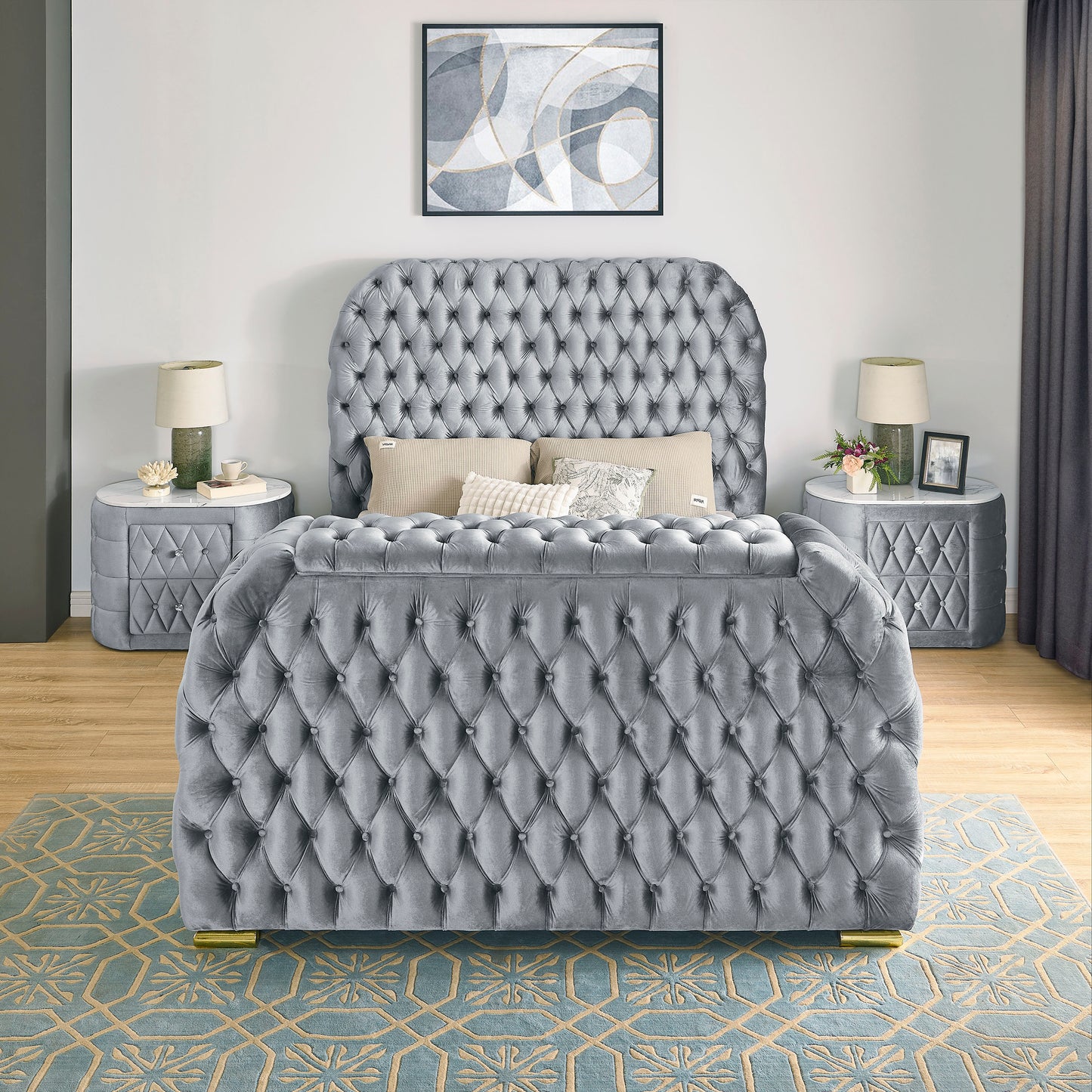 Queen Gray Velvet Bed with Fireplace TV Lift