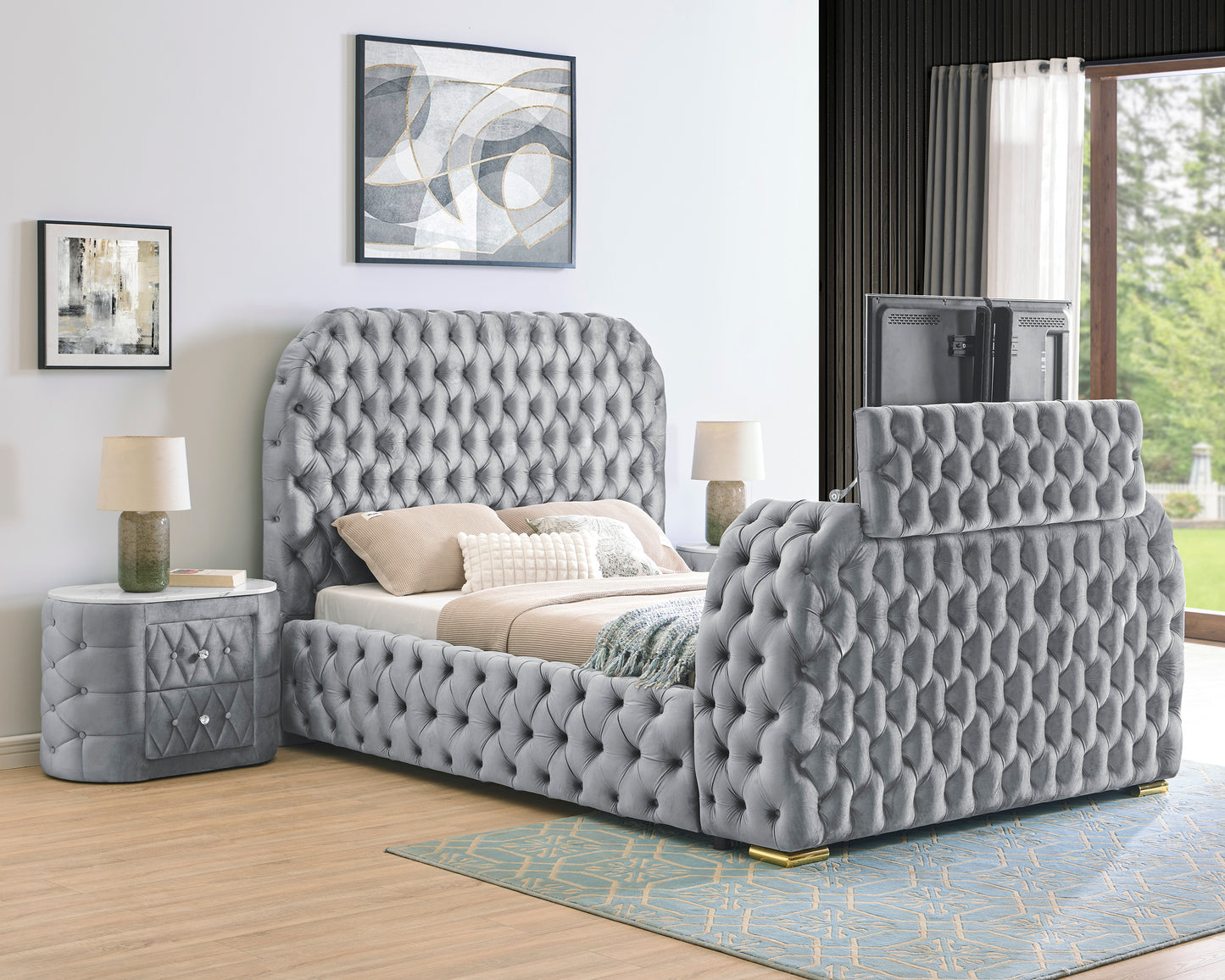Queen Gray Velvet Bed with Fireplace TV Lift
