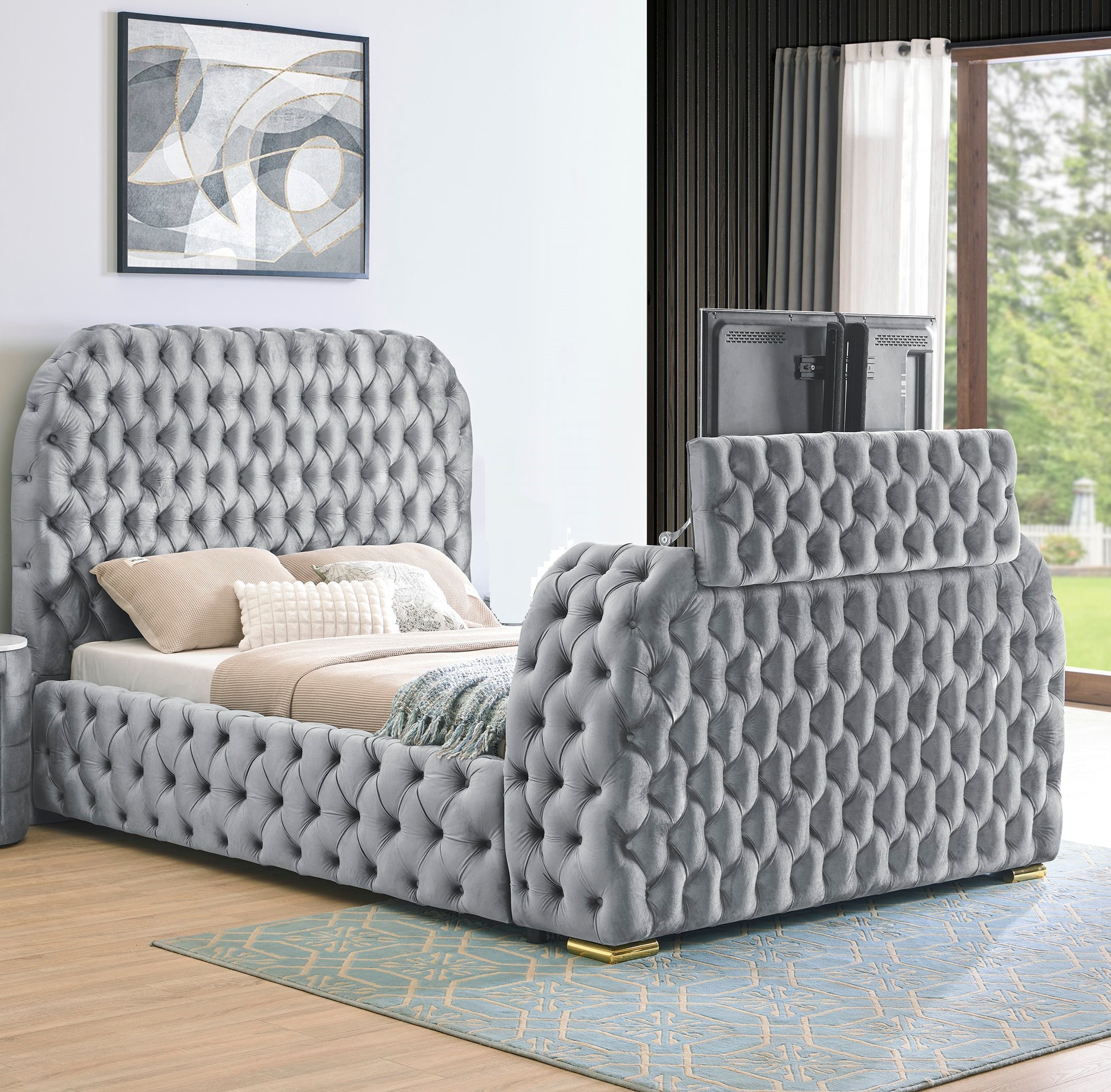 1pc Luxurious Comfort Innovative Design Queen Bed Deeply Tufted Headboard Upholstered Gray Velvet Television Lift Built-in Electric Fireplace Bedroom Furniture