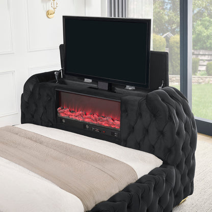 Queen Bed with Electric Fireplace & TV Lift - Black Velvet