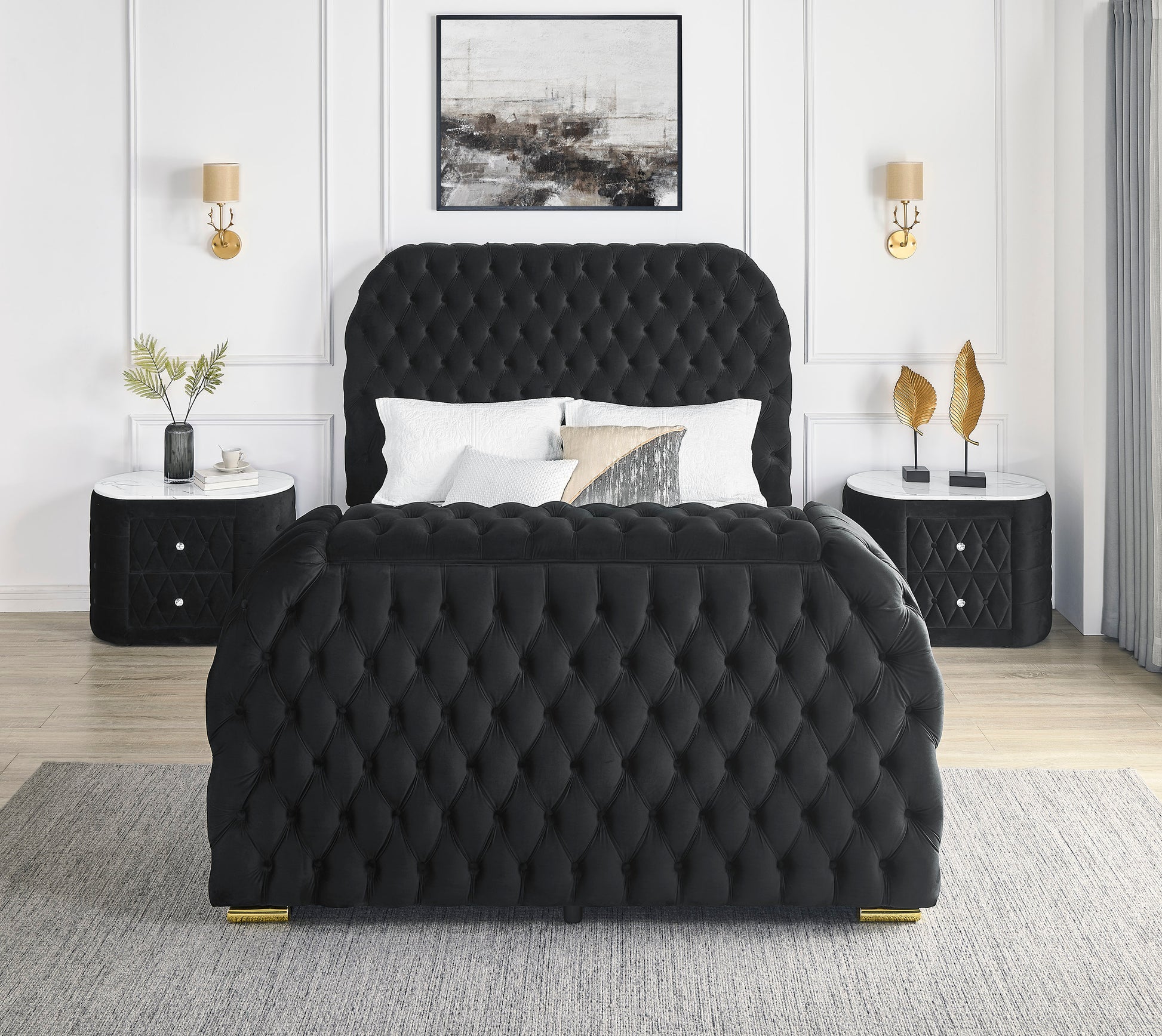 Queen Bed with Electric Fireplace & TV Lift - Black Velvet