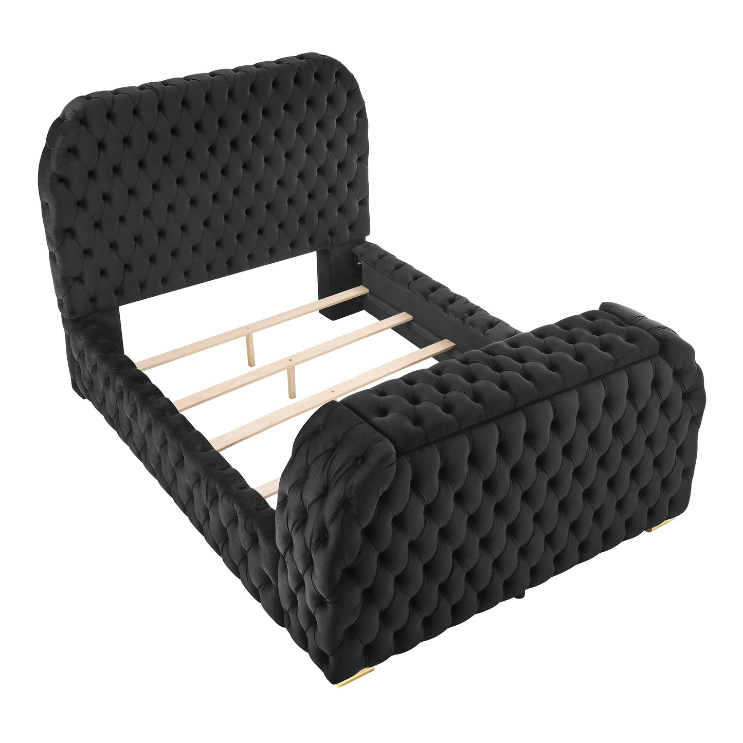 King Bed with Electric Fireplace & TV Lift, Black Velvet for Bedroom