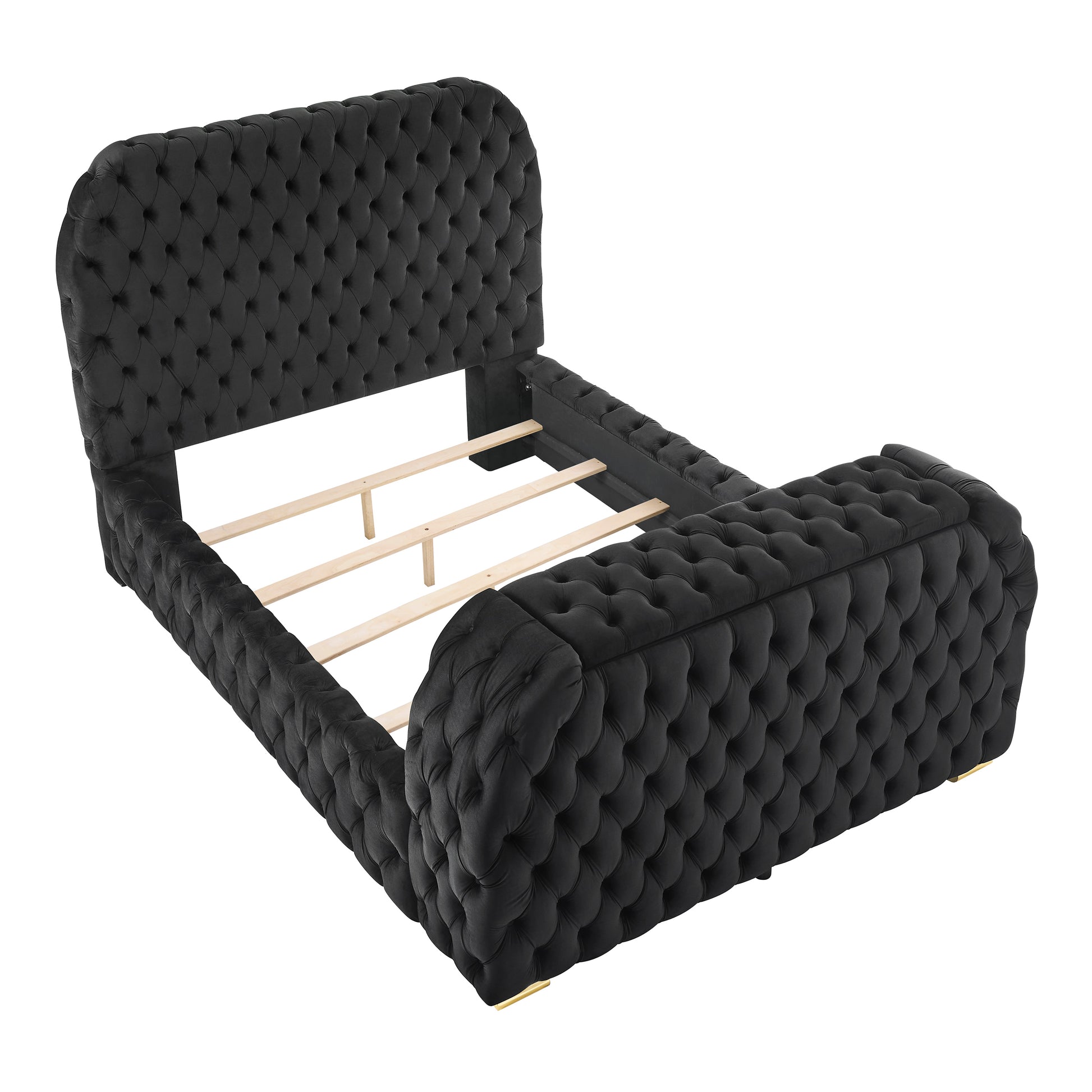 King Bed with Electric Fireplace & TV Lift, Black Velvet for Bedroom