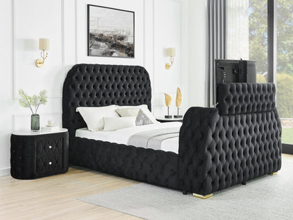 King Bed with Electric Fireplace & TV Lift, Black Velvet for Bedroom