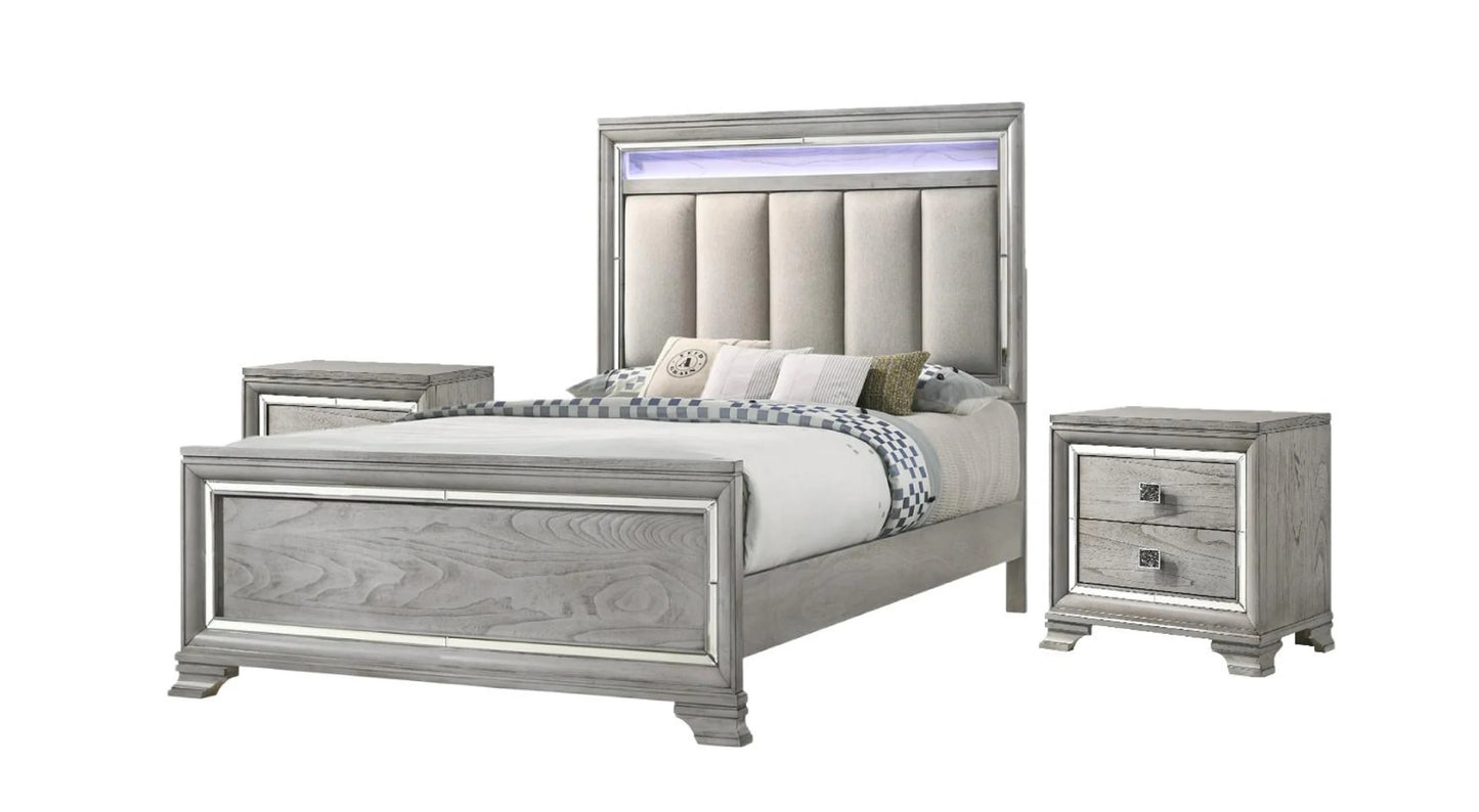 Queen Panel Bed - Gray Modern Design with LED Lighting