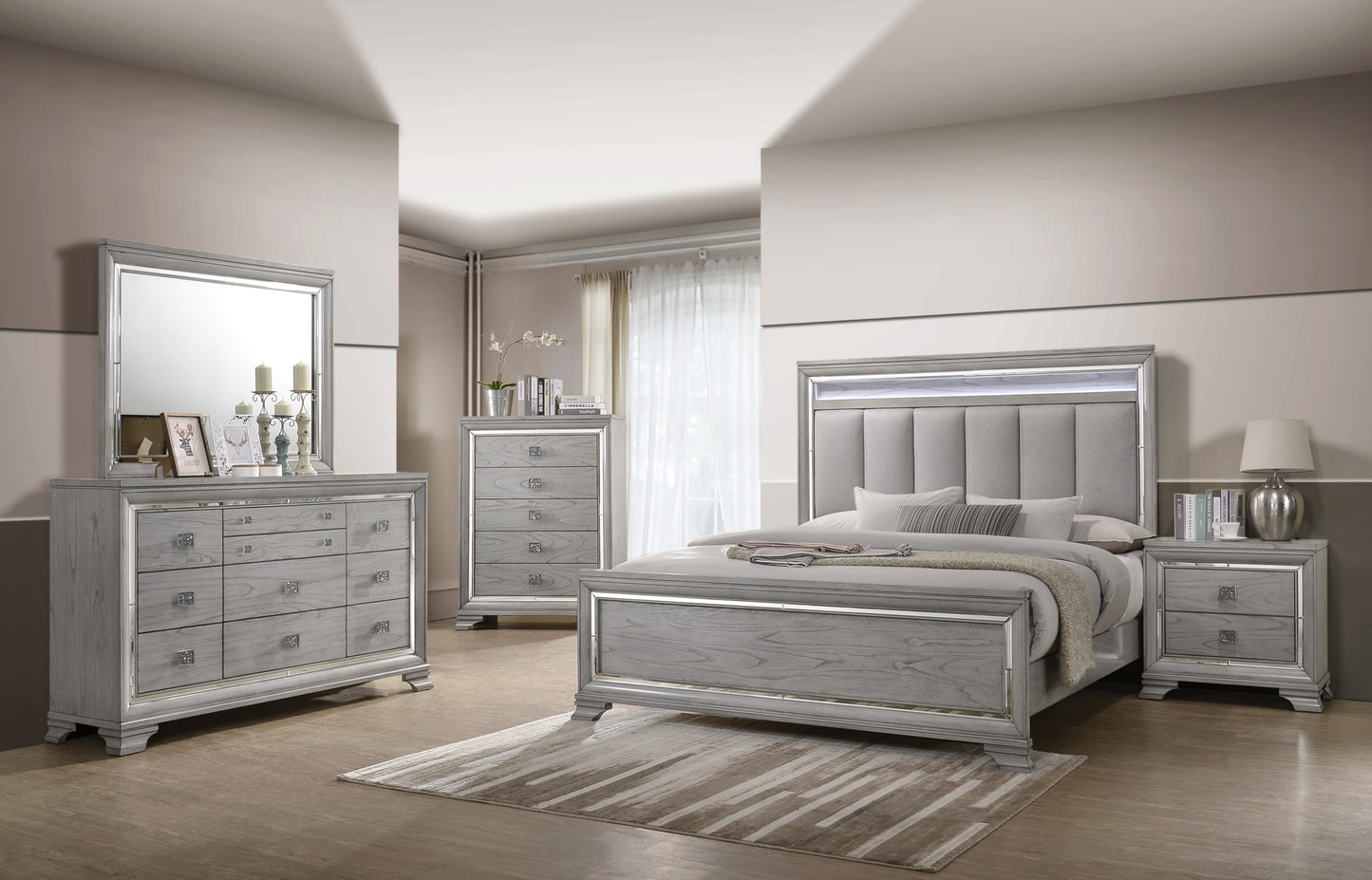 Queen Panel Bed - Gray Modern Design with LED Lighting