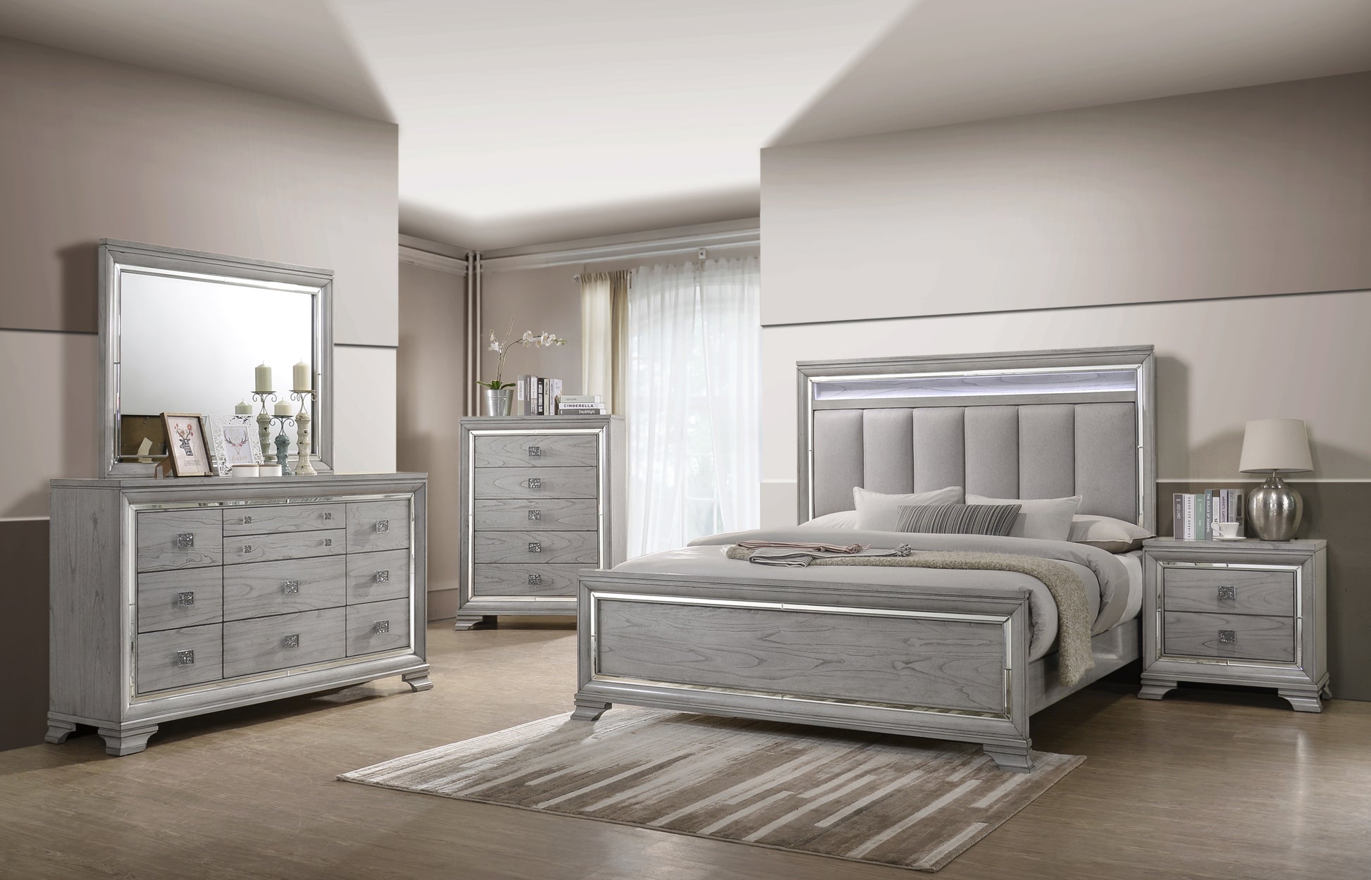 Queen Panel Bed - Gray Modern Design with LED Lighting