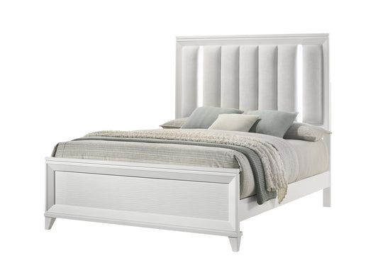 1pc Queen Size Panel Bed Upholstered Cushion LED Lights Headboard White Finish Wooden Solid Wood Furniture
