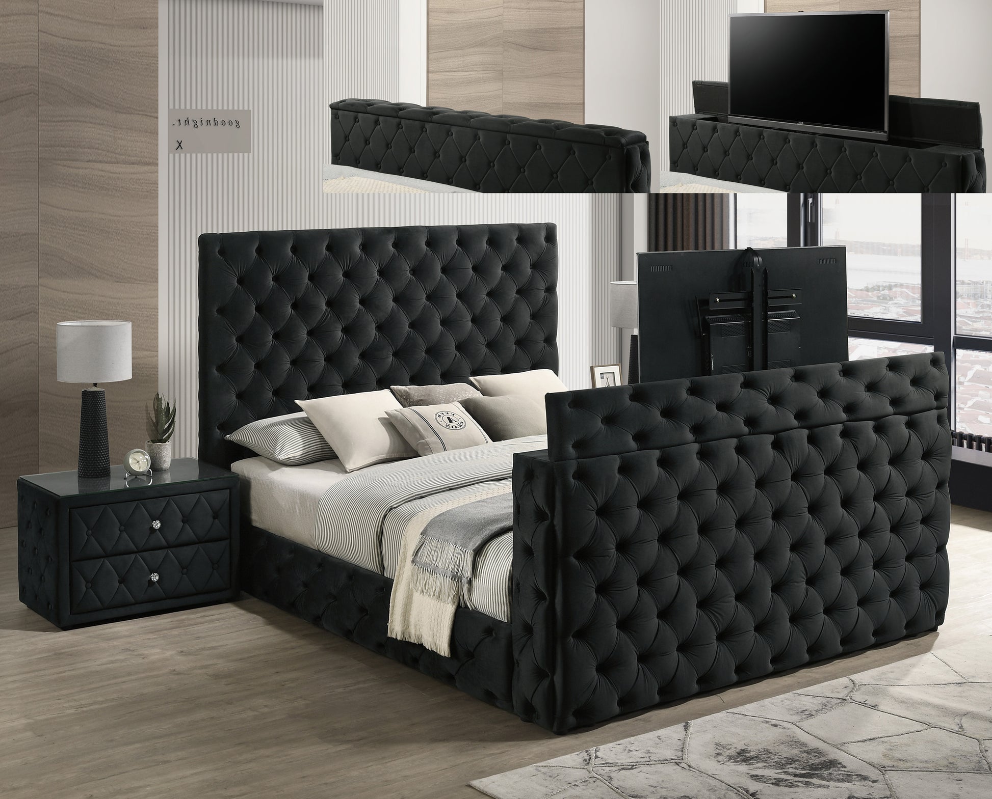 King Size Black Velvet Storage Bed Frame