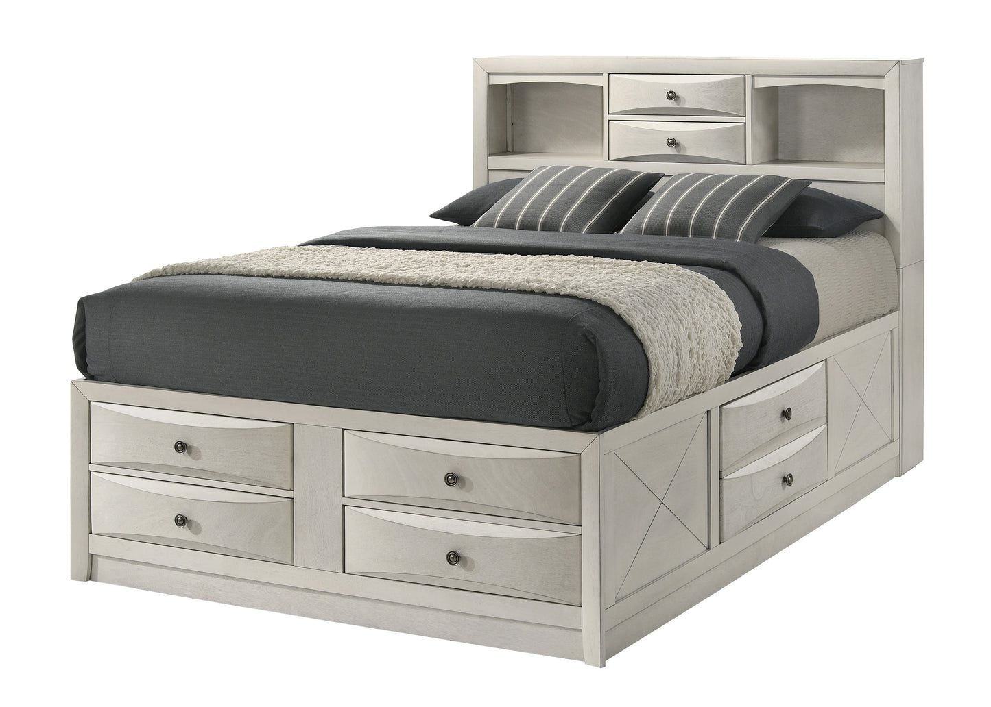 King Bookcase Bed with Storage Shelves - White