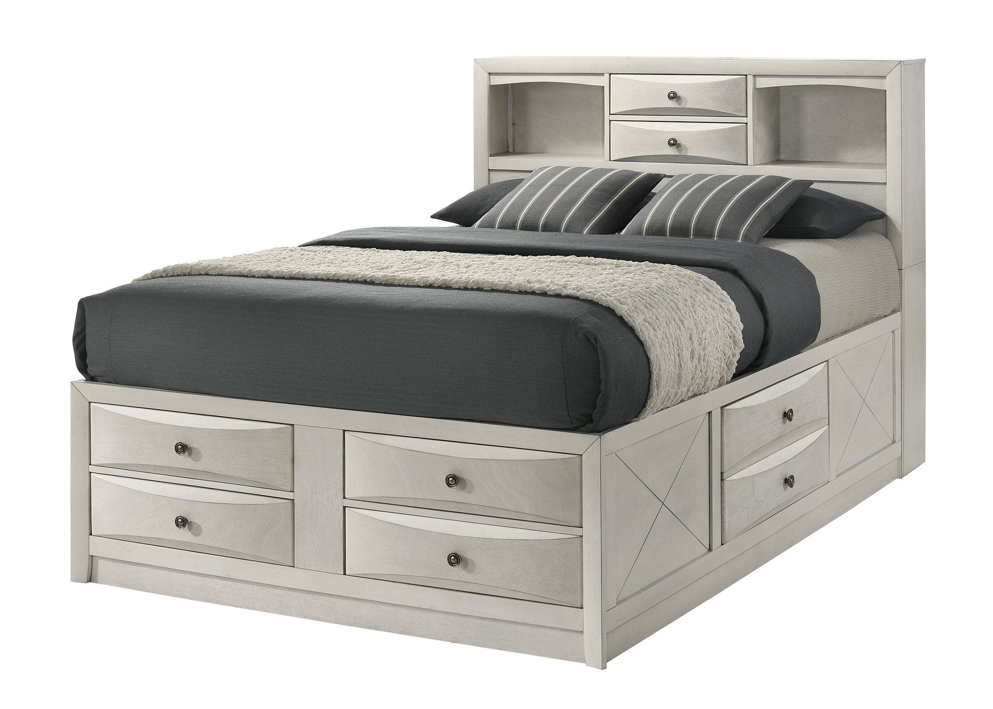 King Bookcase Bed with Storage Shelves - White