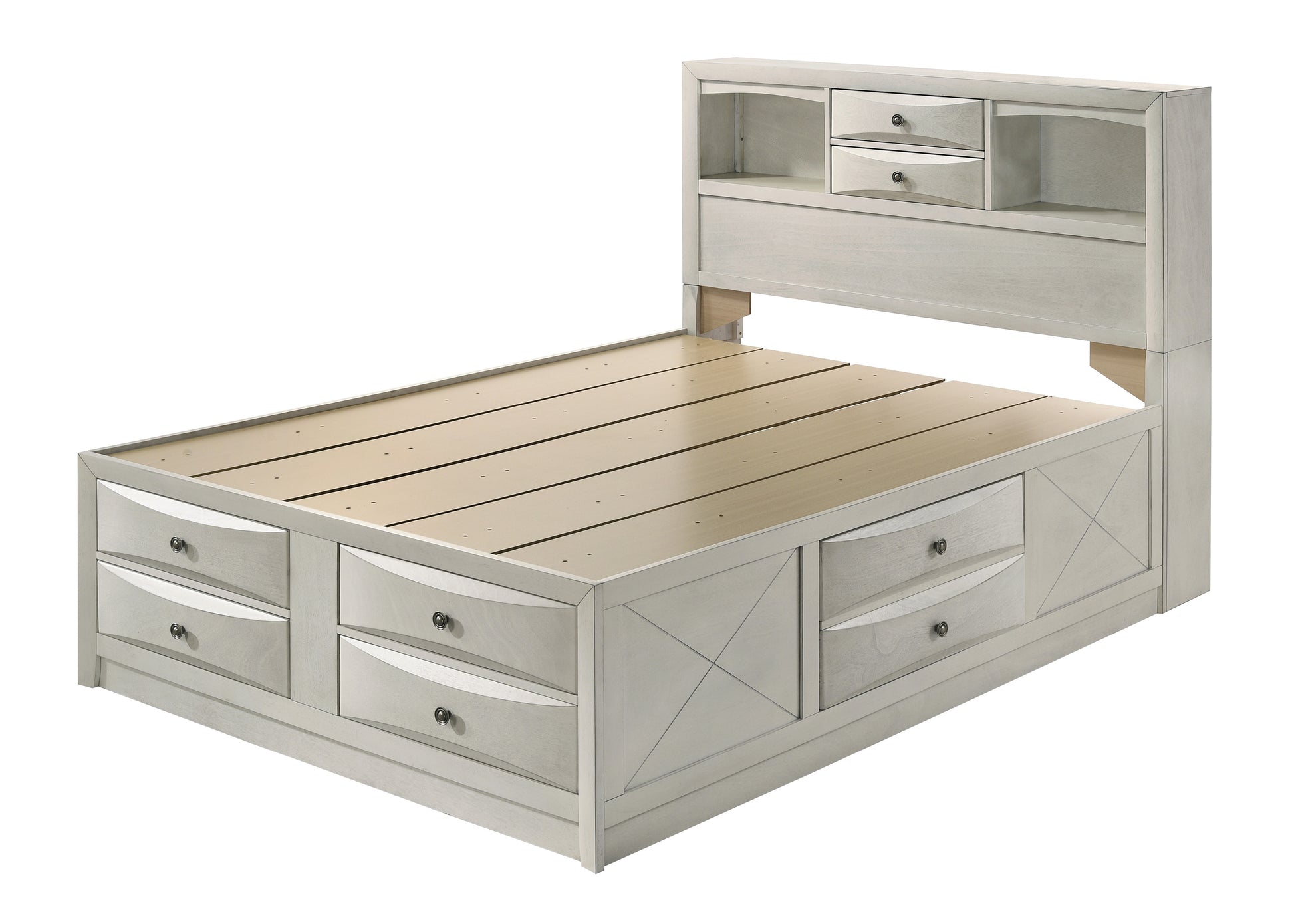 King Bookcase Bed with Storage Shelves - White