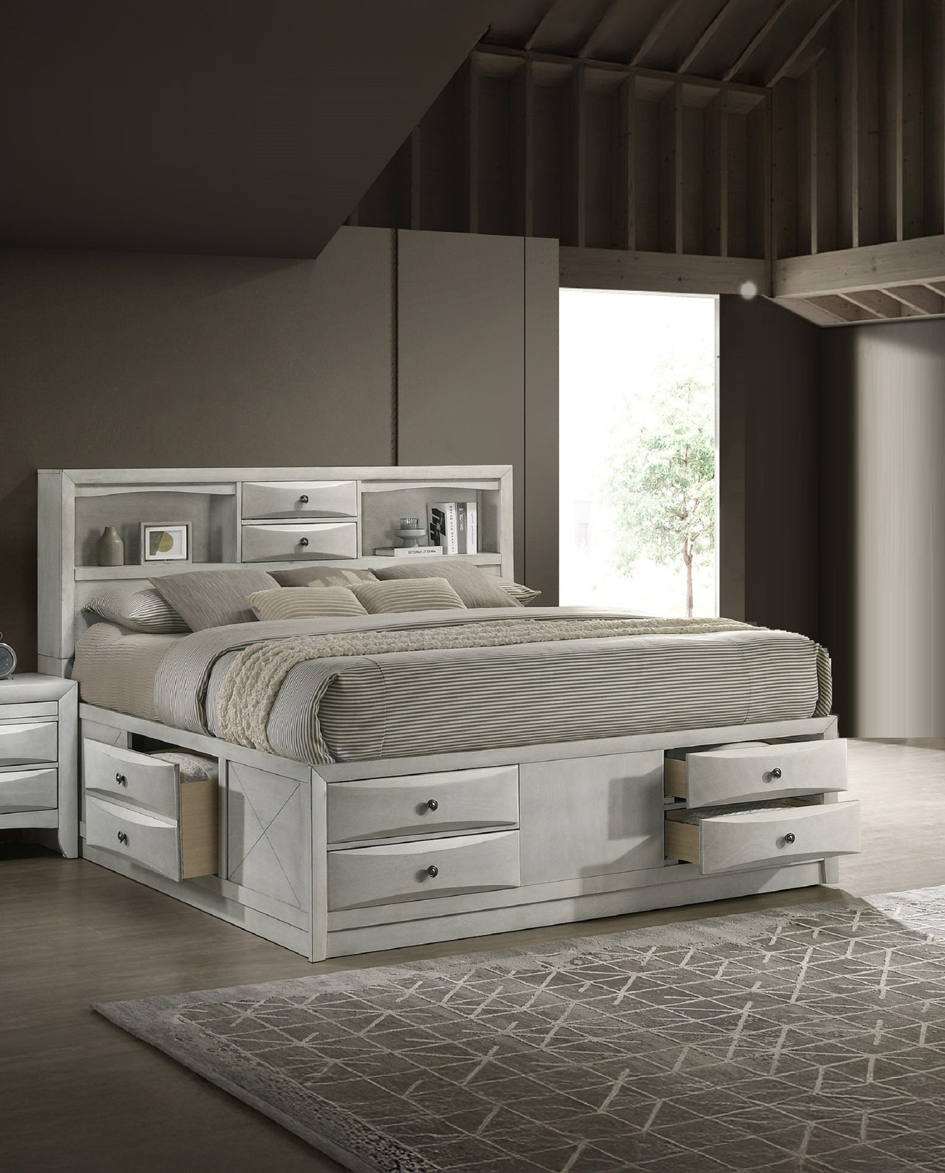King Bookcase Bed with Storage Shelves - White