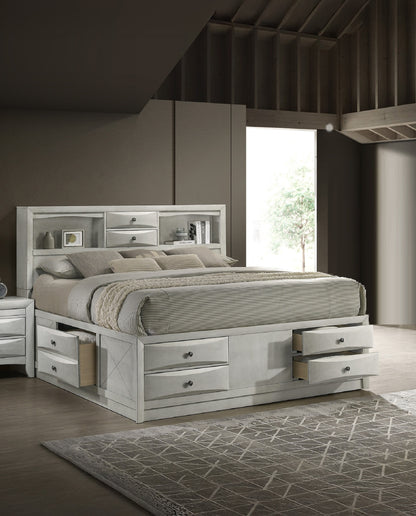 King Bookcase Bed with Storage Shelves - White