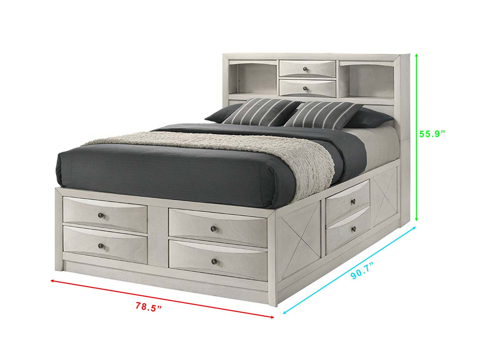 King Bookcase Bed with Storage Shelves - White