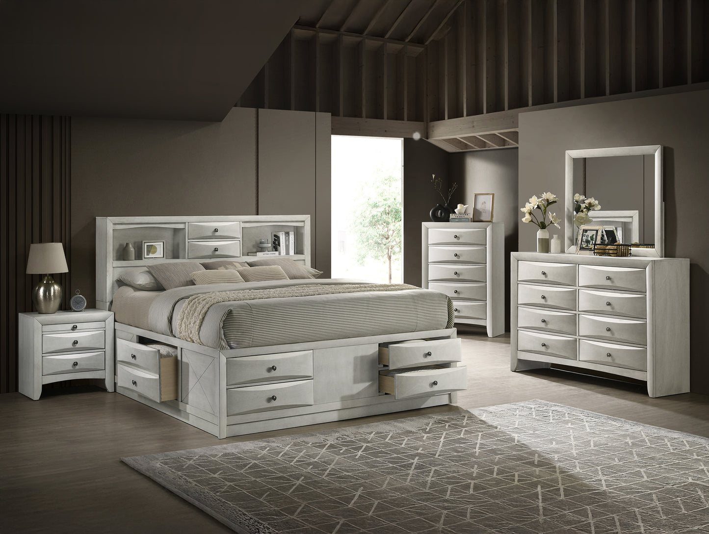 King Bookcase Bed with Storage Shelves - White