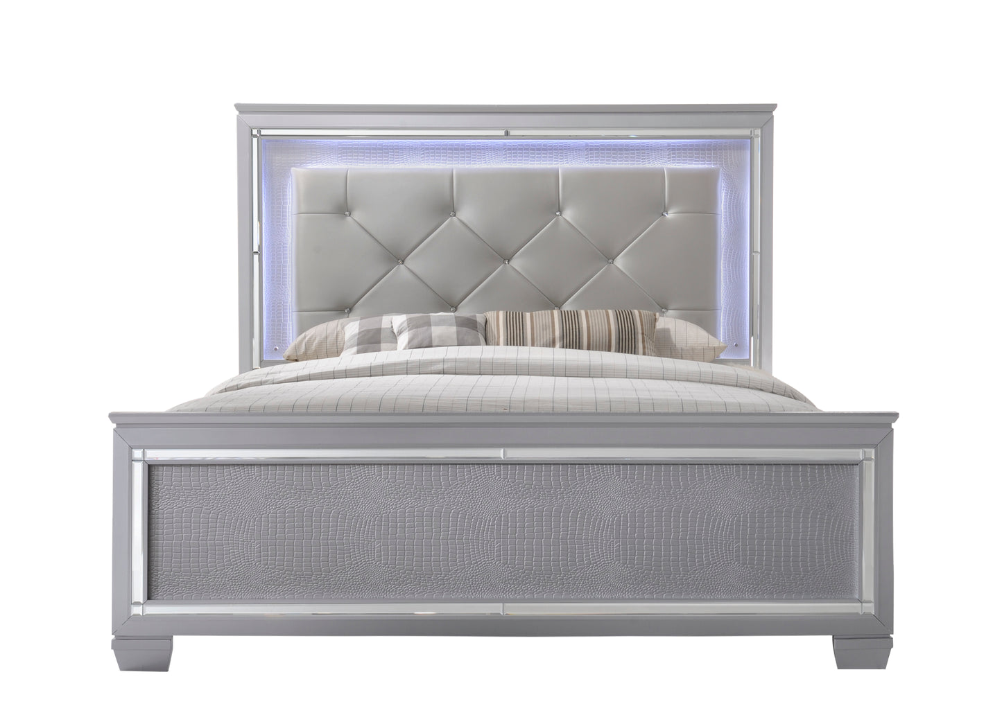 Queen Panel Bed - Beige, Silver Faux Leather for Bedroom