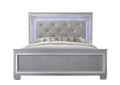 Queen Panel Bed - Beige, Silver Faux Leather for Bedroom