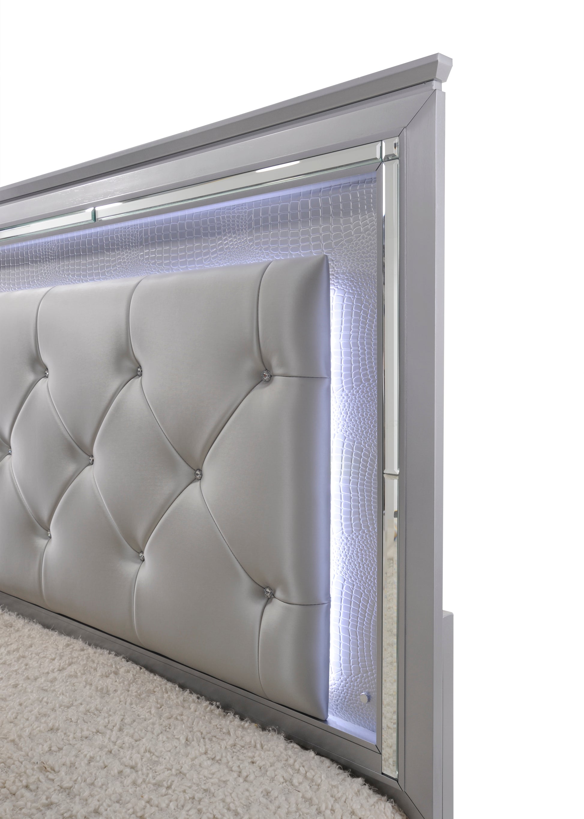 Queen Panel Bed - Beige, Silver Faux Leather for Bedroom