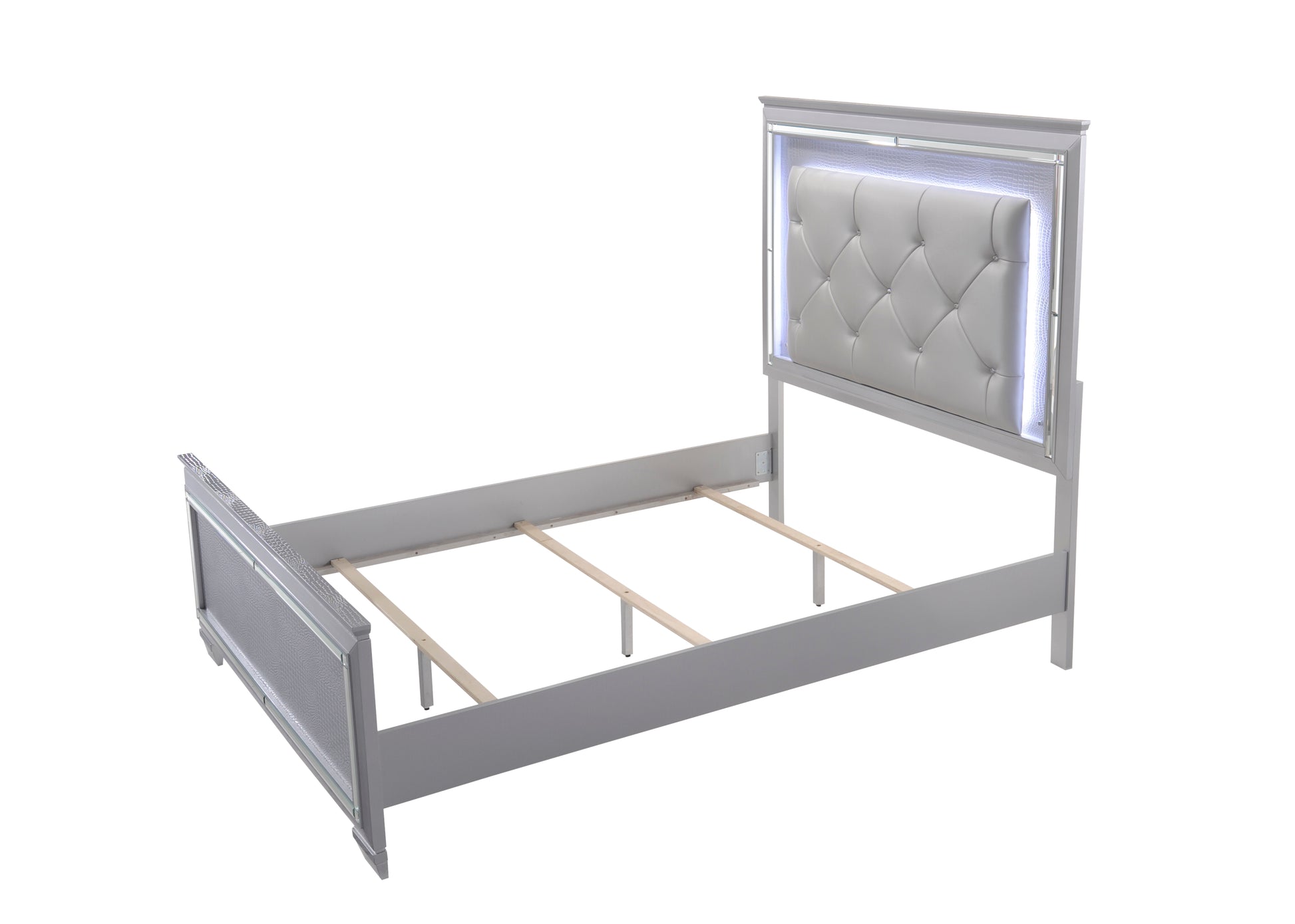 Queen Panel Bed - Beige, Silver Faux Leather for Bedroom