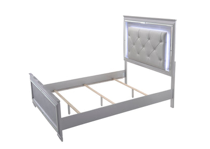 Queen Panel Bed - Beige, Silver Faux Leather for Bedroom