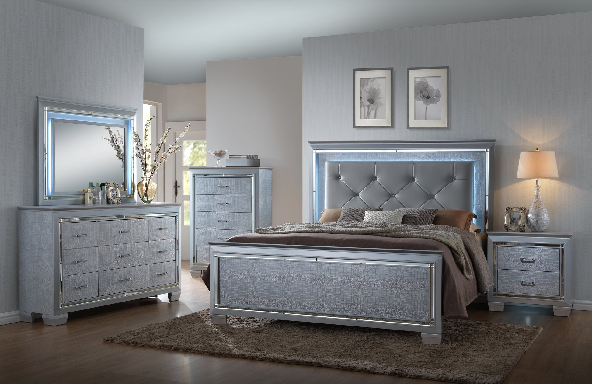 Queen Panel Bed - Beige, Silver Faux Leather for Bedroom