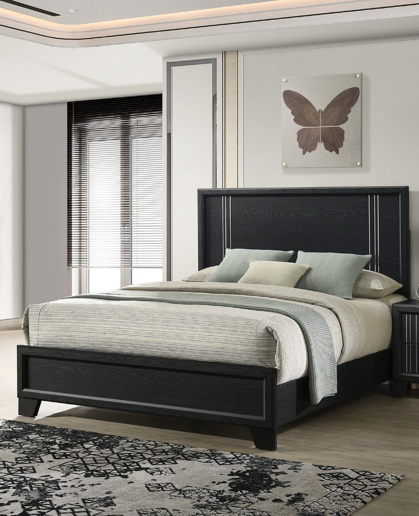 Queen Charcoal Wood Panel Bed Frame for Bedroom