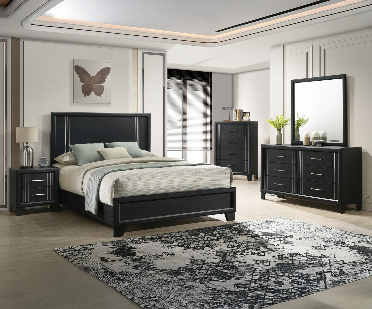 Queen Charcoal Wood Panel Bed Frame for Bedroom