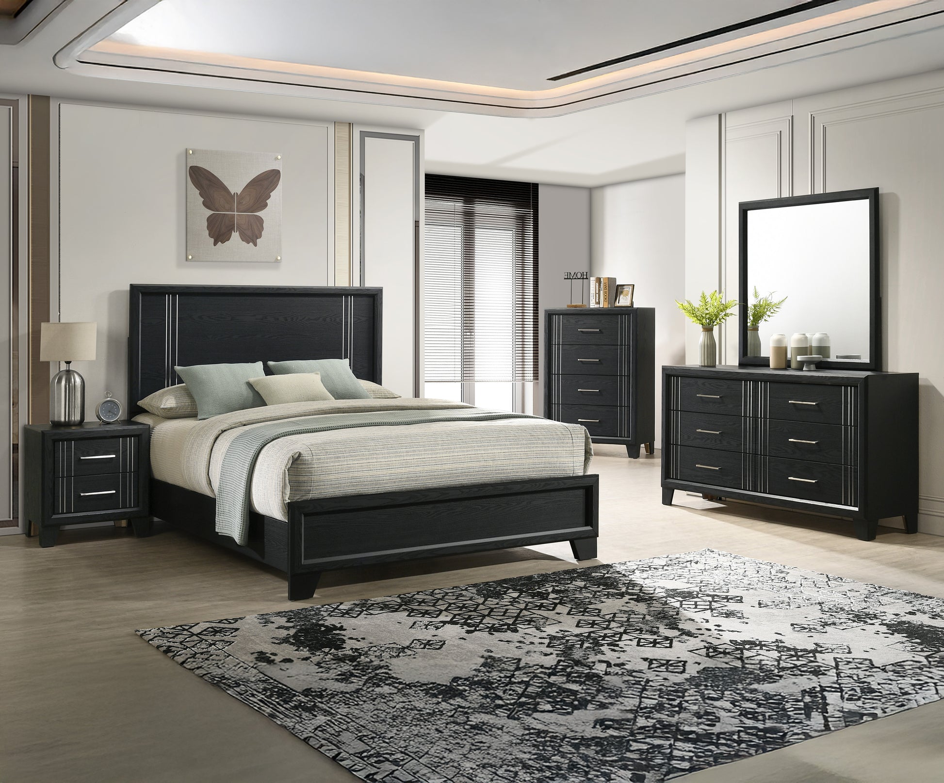 Queen Charcoal Wood Panel Bed Frame for Bedroom