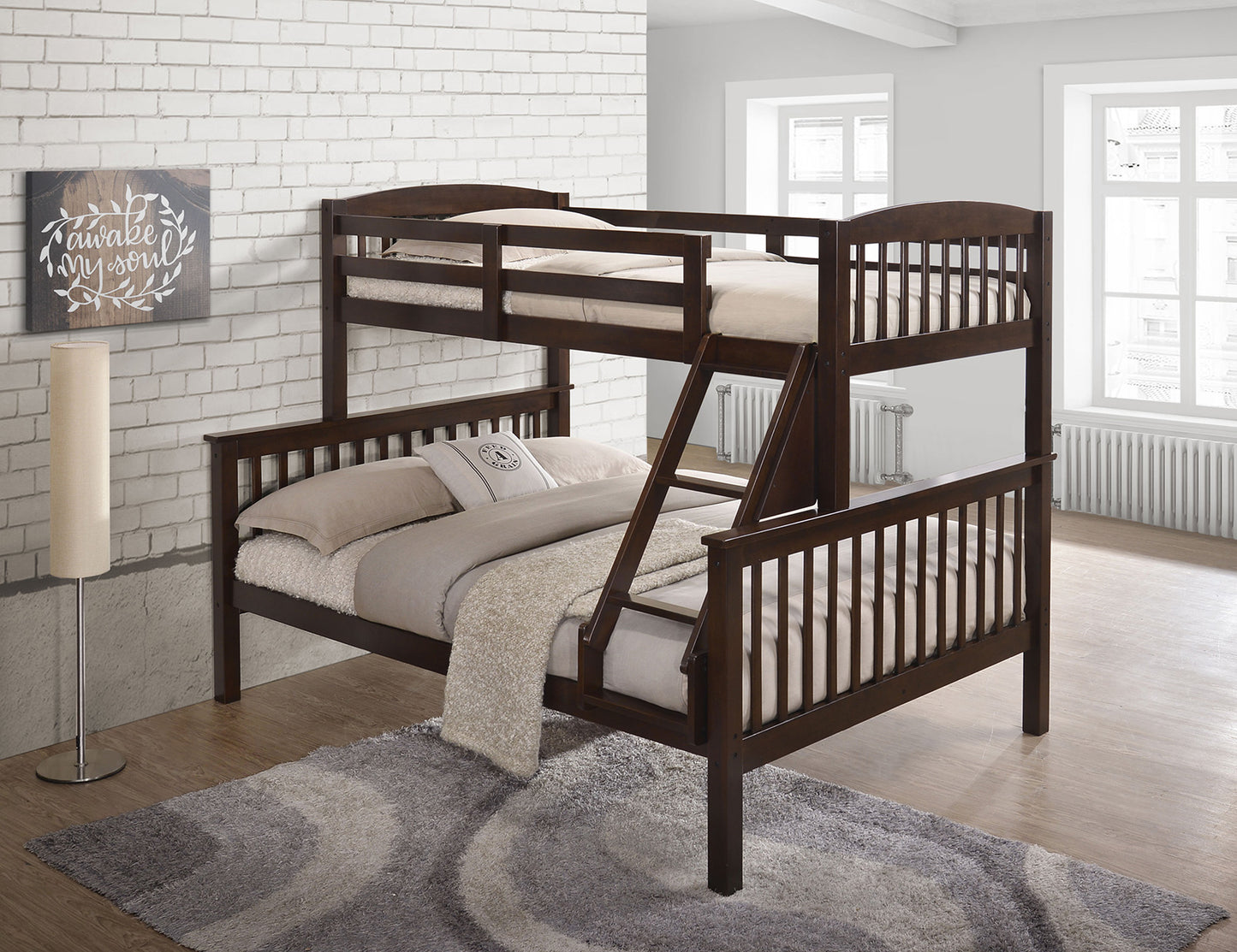 Transition Twin Full Bed With Slat Design And Angled Ladder, Cherry