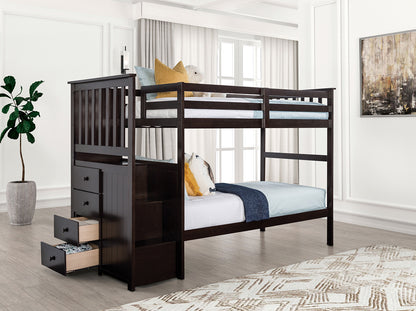 Twin Over Twin Bunk Bed Transitional Style Front Side Steps And 4 Under Storage Drawers, Espresso