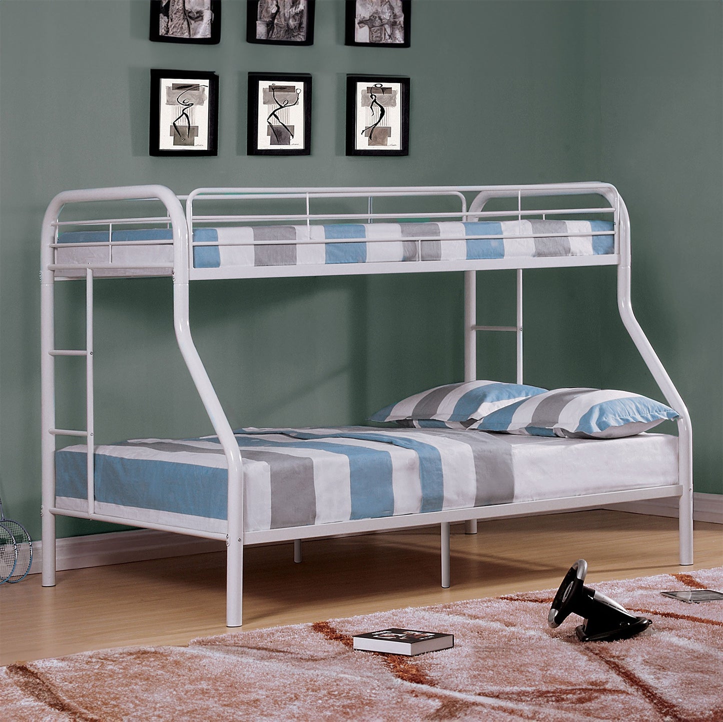 Twin Over Full Metal Bunk Bed Contemporary Style With Angled Ladder, White