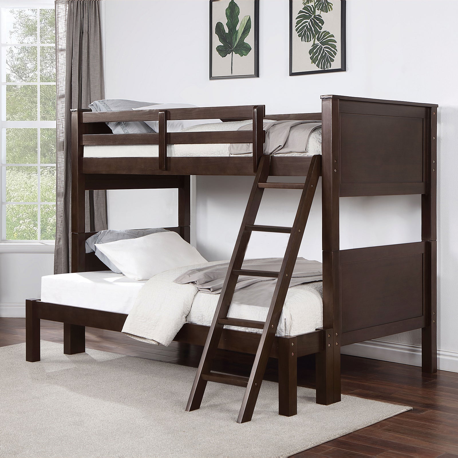Transitional Style Twin Over Full Bunk Bed With Footboard Ladder, Walnut