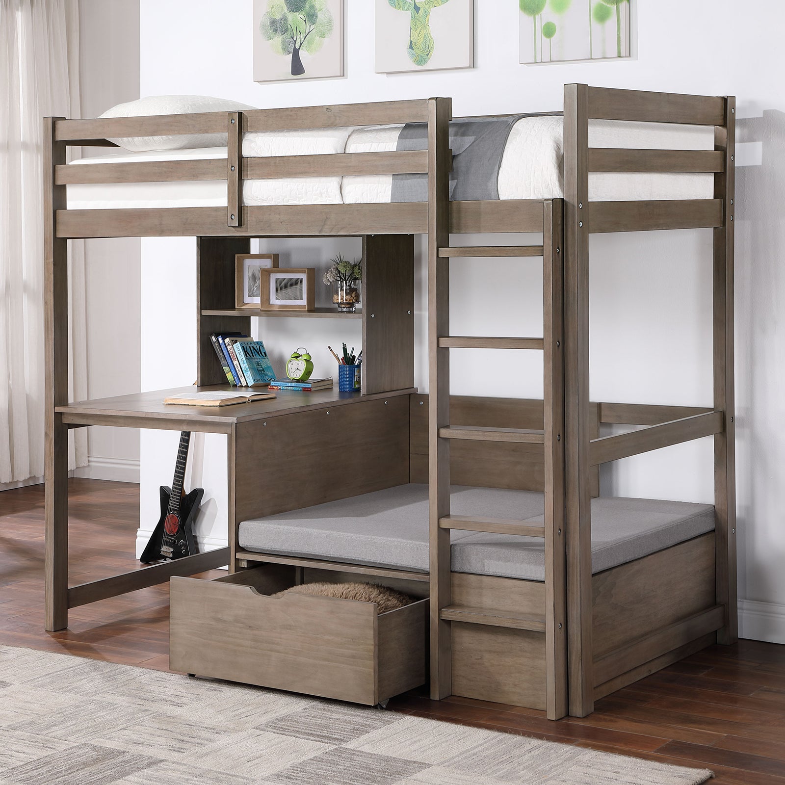 Modern Transitional Twin Over Workstation Loft Bed With Storage Box Attached Ladder Workstation And Bookcase, Warm Grey